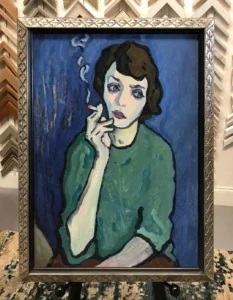 A painting of a woman smoking a cigarette.