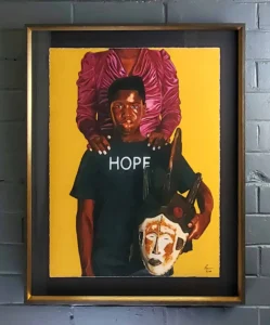fahamu pecou, A painting of two people with one holding on to the other.