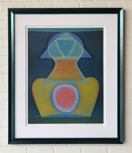 A painting of a vase with a diamond on it.