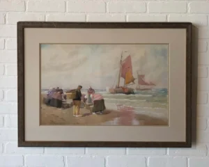 A painting of people on the beach with boats in the background.