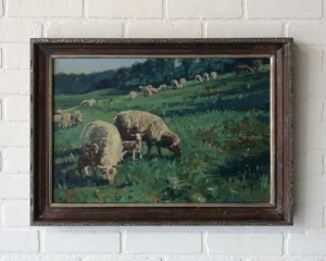 A painting of sheep grazing in the grass.