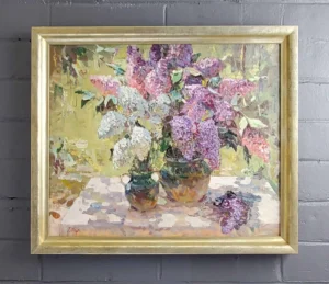 A painting of two vases with purple flowers.
