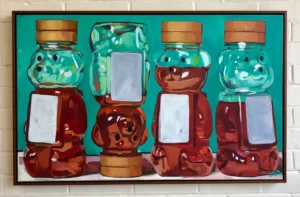 Jayne Morgan, A painting of four jars with different flavors.