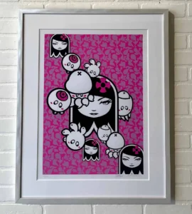 A picture of a girl with many faces on it.