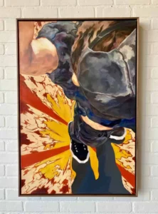 A painting of a person in black pants and shoes.