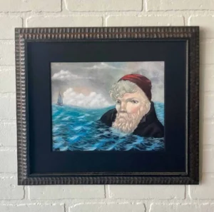 A painting of a man in the water