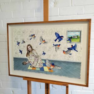 A painting of jesus sitting on the ground with birds flying around him.