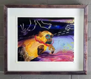 A painting of a dog in the dark.