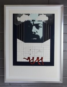 serigraph collage of man with gridded cloud shapes above his brow. man is light blue with black details. he looks disappointed hinging on disgusted. he face is above an illusration of a box with a pigeon pecking at a button. the box has the legs of runners in both red and black. The bottom half is gridded. This is floated on a white board and framed in a light silver frame.