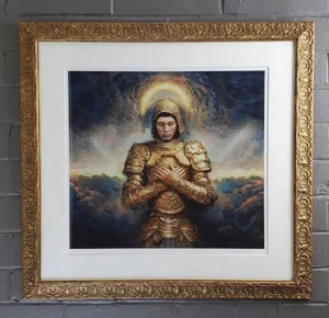 A painting of a man in armor with arms crossed.