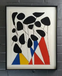Calder, A painting of black leaves and red, yellow and blue triangles.
