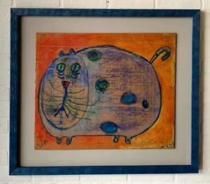 A painting of a cat with blue spots on it.