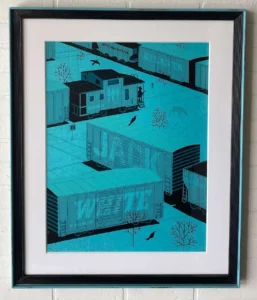 Concert Print, Jack White, A painting of a train yard with many boxes.