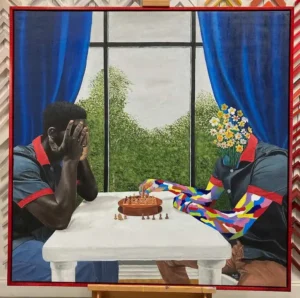 A painting of two people sitting at a table