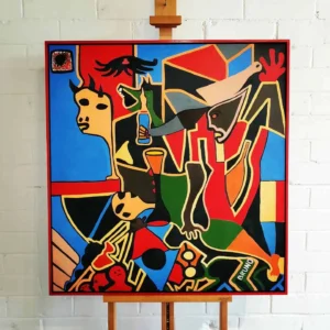 A painting of people and animals on canvas.