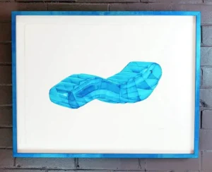 A painting of a blue shoe on top of a white sheet.