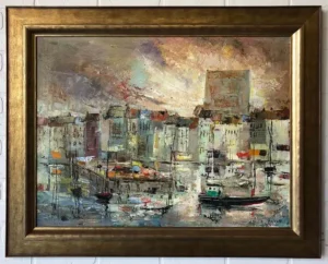 A painting of boats in the water with buildings.