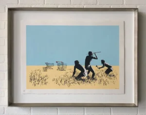 Banksy. A painting of three people playing baseball in the sand.