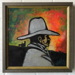 A painting of a man wearing a hat