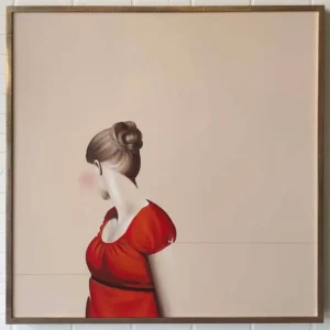 A painting of a woman in red dress