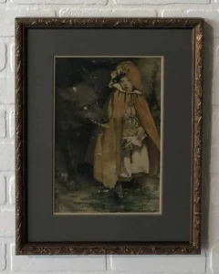 A painting of a woman in a yellow coat.