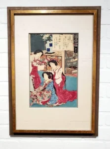 A painting of three women in red dresses.