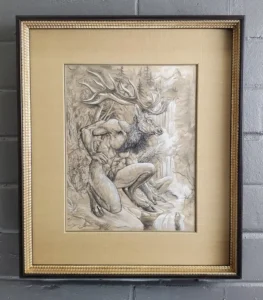 A drawing of two people in the middle of a painting.