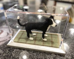 Acrylic Box, A black and white dog figurine in a display case.