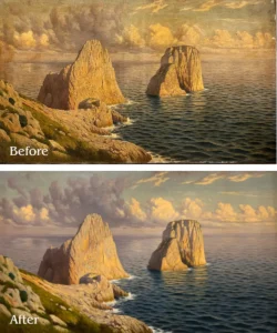 A before and after picture of the painting.
