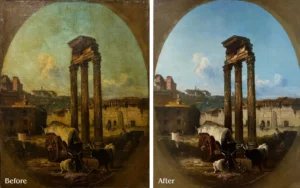 A before and after picture of an old painting.