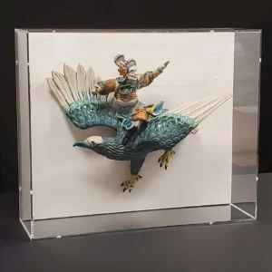 A picture of a painting with a bird and a man.