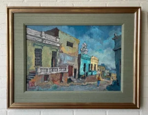 A painting of an old town with many buildings