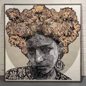 A painting of a woman with a floral head dress.