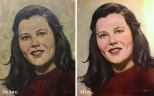 A before and after picture of the same woman 's face.