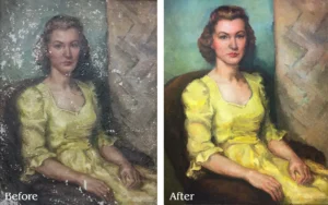 A before and after picture of a woman in yellow dress.