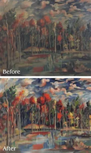 A before and after painting of trees in the forest.