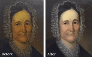 A before and after picture of an old woman 's face.