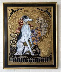 A painting of a dog with gold and black frame