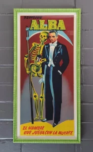 A painting of a skeleton and a man holding a scythe.