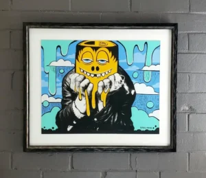 A painting of a man with a yellow jacket on.