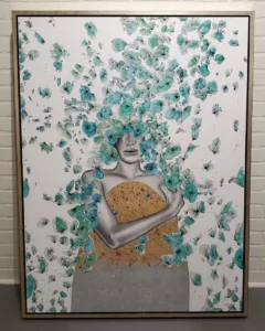 Lela Brunet, A painting of a woman with blue flowers in her hair.
