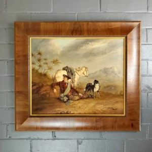 A painting of a man and dog in a wooden frame.